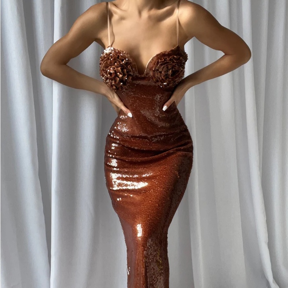 Brown Sequin Maxi Dress w/ Rose Appliqué